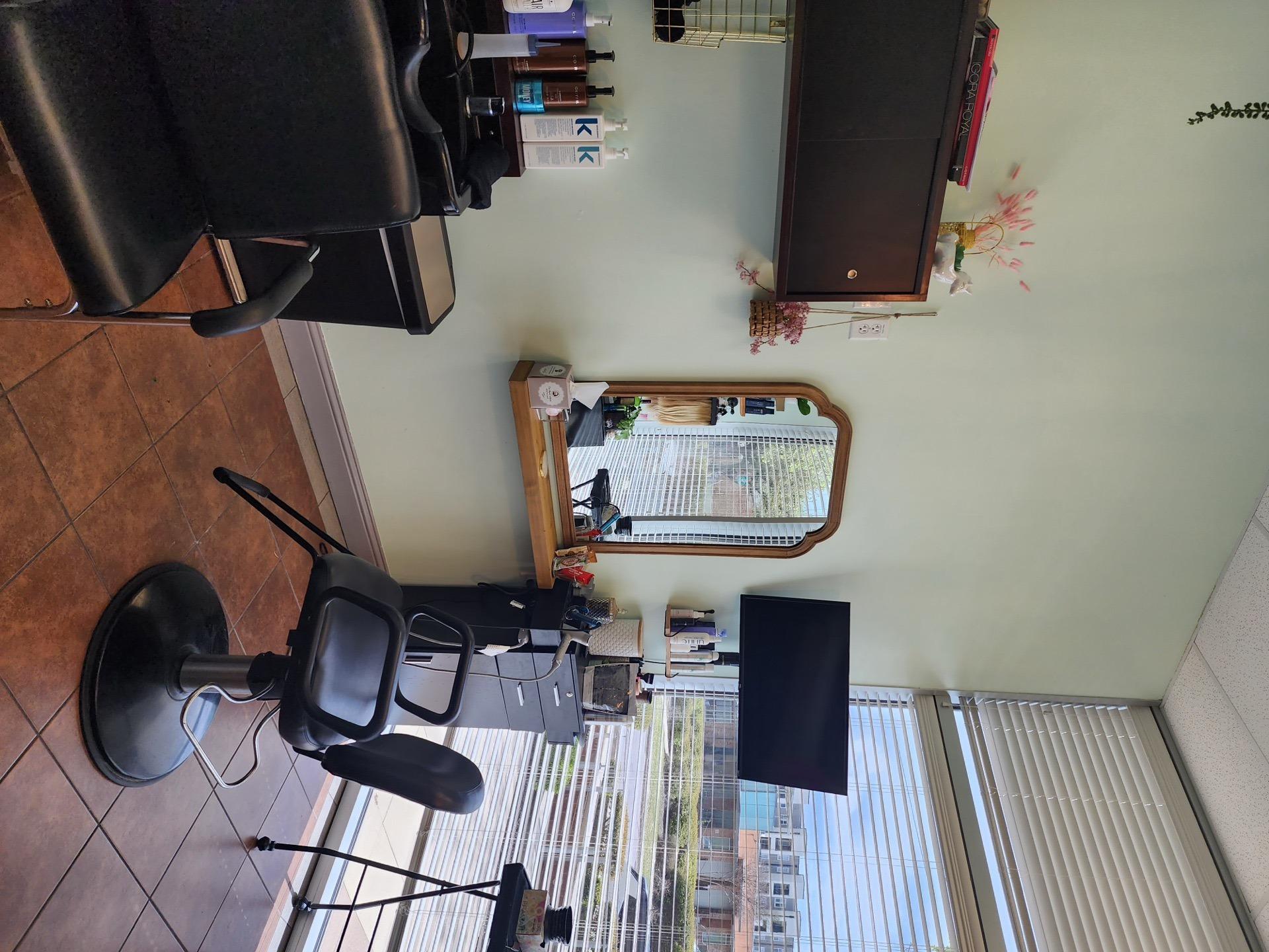 Natural light salon suite with styling chairs and city view